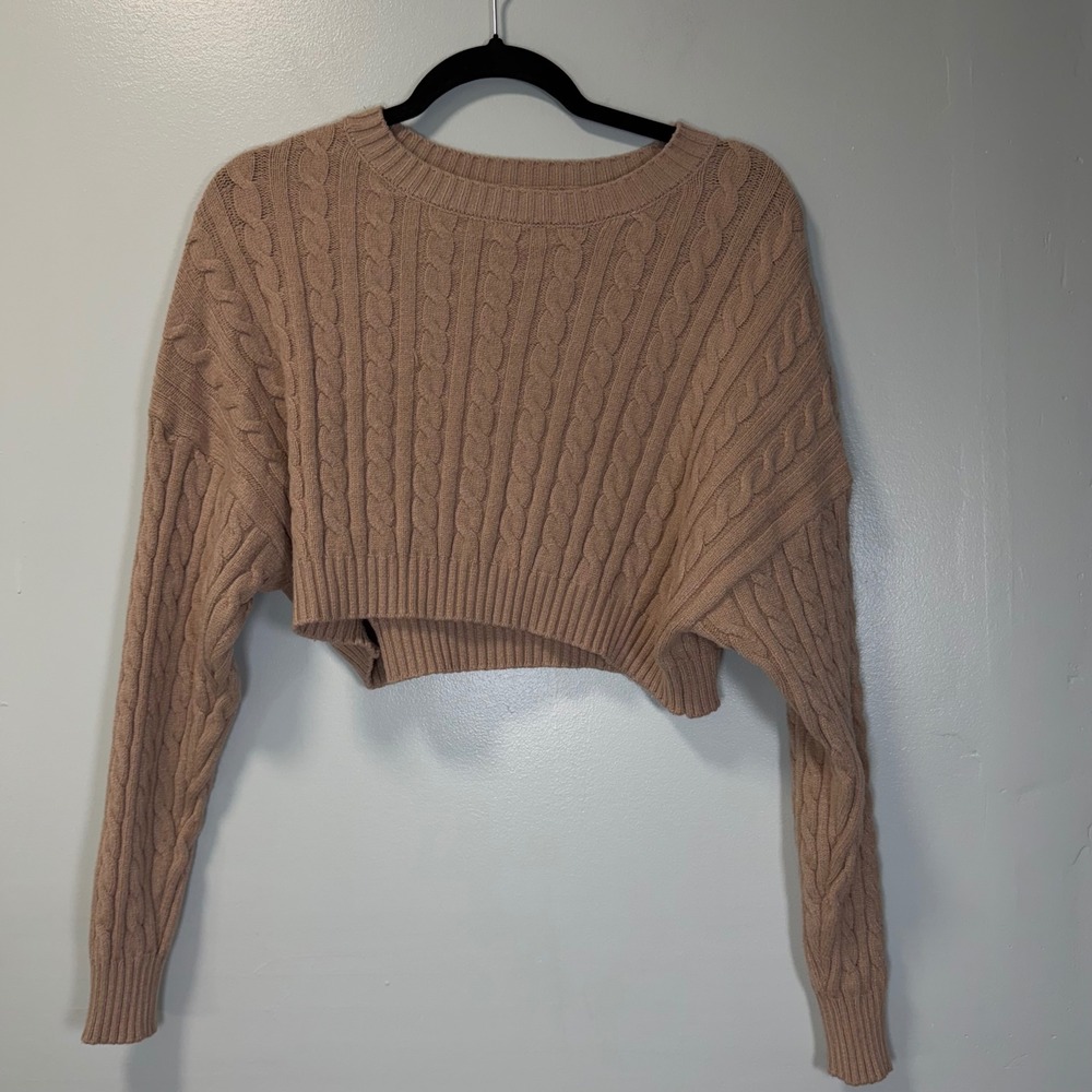 Altar'd State Womens Cable Knit Cropped Sweater Tan Brown Crew Neck Small
